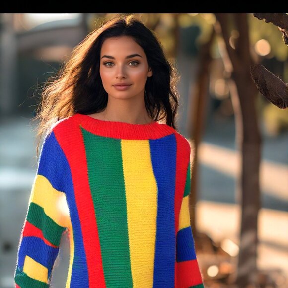 Hand Knit Custom Design Heavy Cable Multi Stripe Turtle Neck Sweater Dre… - Picture 1 of 6